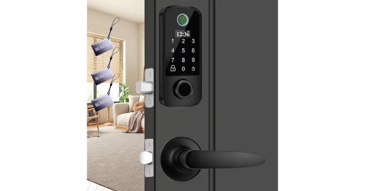 BEBASIA Fingerprint Door Lock Keyless Entry 2 Level Handles Auto Lock Black